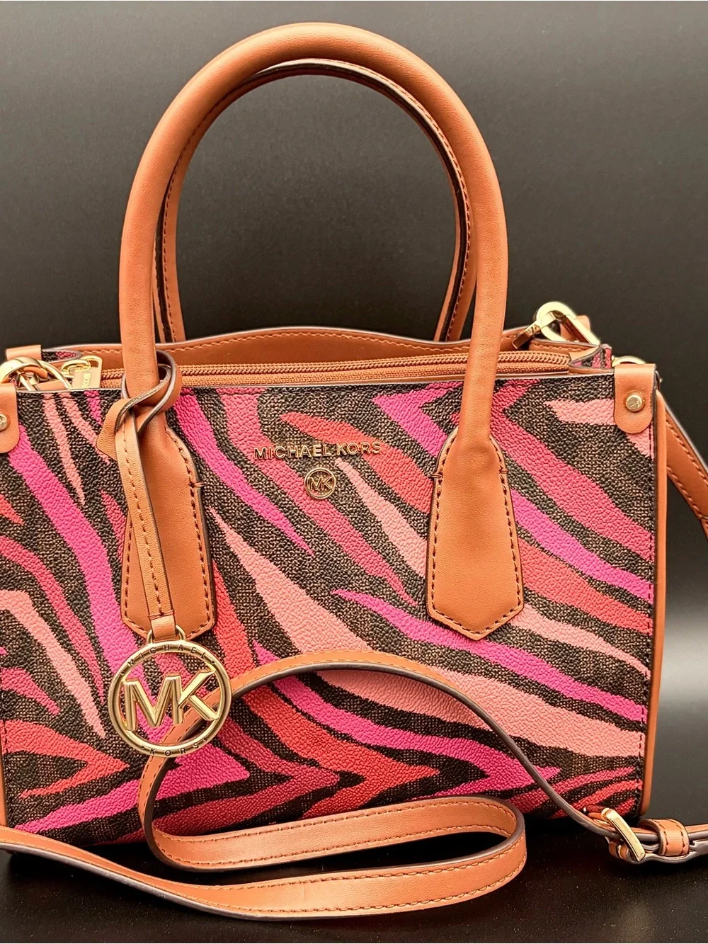 Michael Kors Maple Small Leather Satchel Handbag Purse in Pink Zebra Print